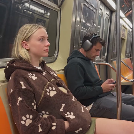 Puppy in the hoodie pouch on the train