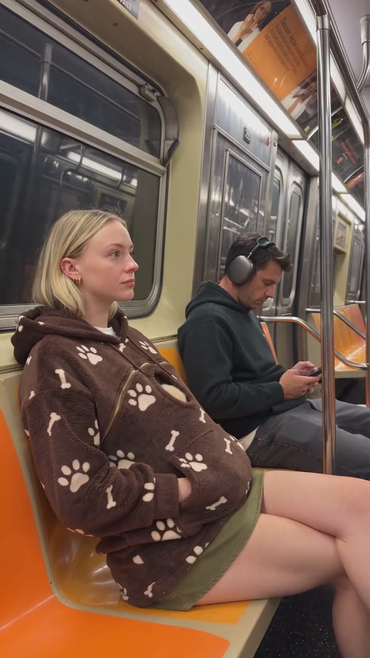 Puppy in the hoodie pouch on the train