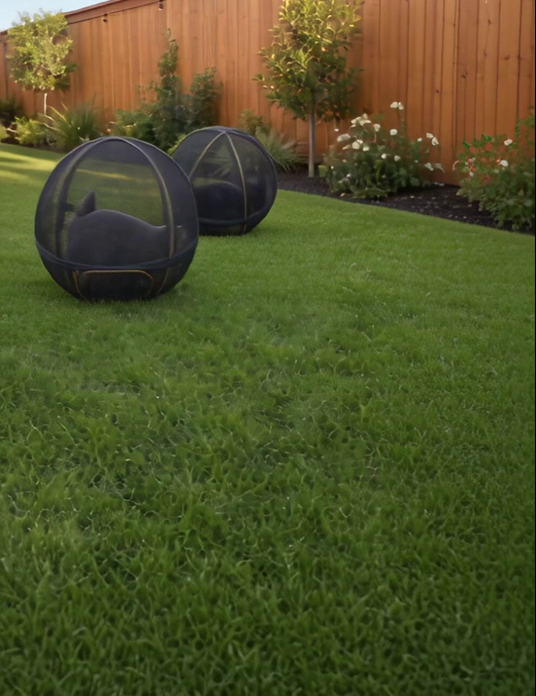 Two cats relaxing in Pup Palace playpen balls in the backyard