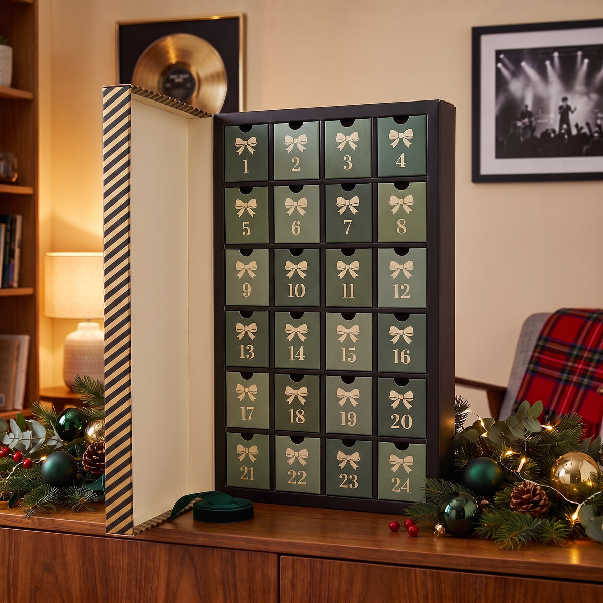Showtime Advent calendar opened to show 24 numbered green drawers