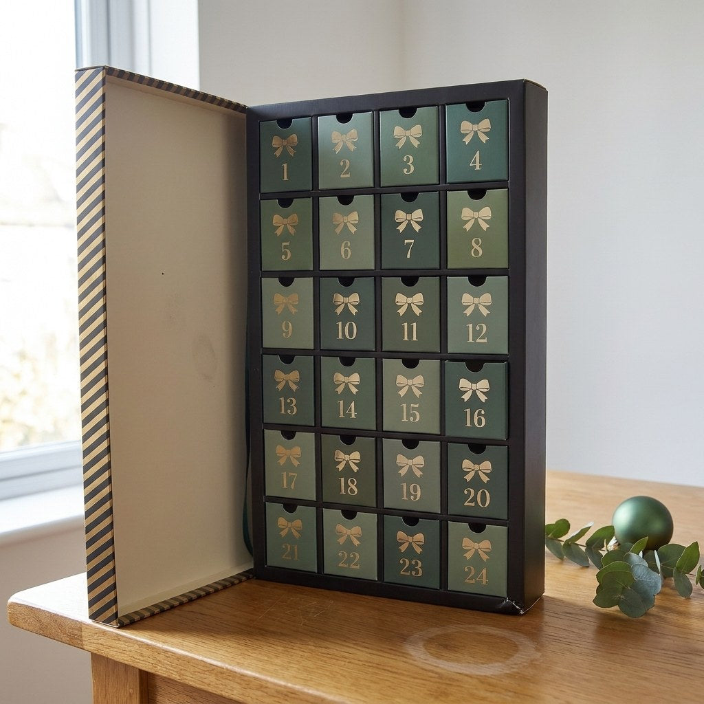 Showtime Advent drawer calendar standing open on a table