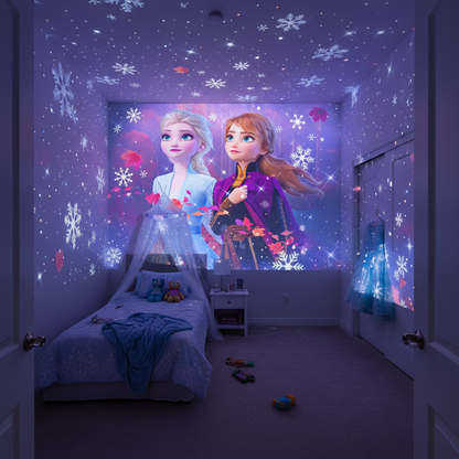 Snowy Dreams projecting snowflakes and ice princesses across a kid's bedroom