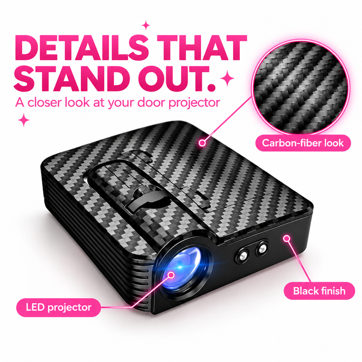 Tiara Beams door projector details: carbon-fiber look, LED projector, black finish