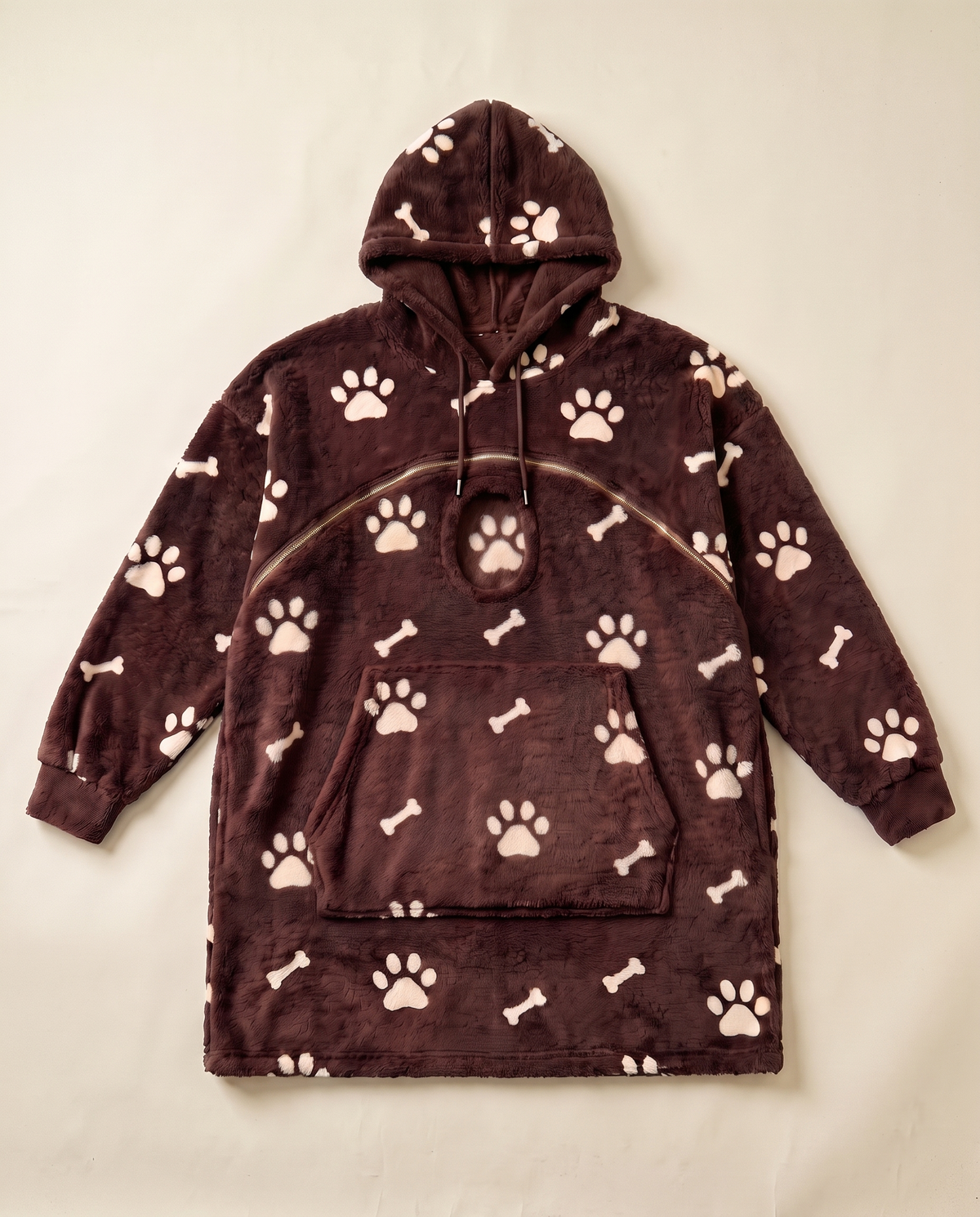 Touchdown Pup dog pouch hoodie in chocolate paw print, laid flat