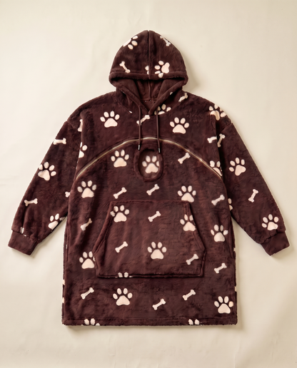 Touchdown Pup dog pouch hoodie in chocolate paw print, laid flat