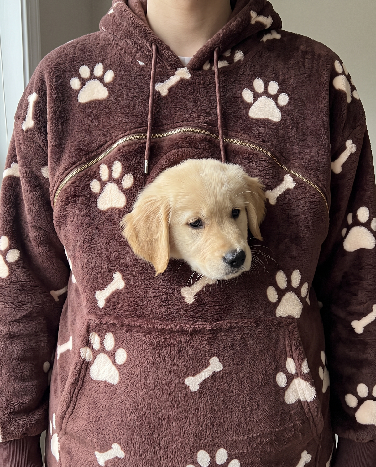 Puppy peeking out of the Touchdown Pup hoodie pouch porthole