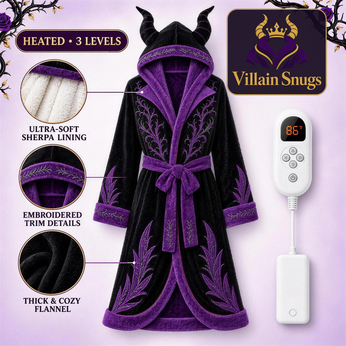 Villain Snugs™ Heated Robe in Midnight Horns – black flannel with purple sherpa lining, horned hood, and 3-level heat controller
