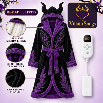 Villain Snugs™ Heated Robe in Midnight Horns – black flannel with purple sherpa lining, horned hood, and 3-level heat controller