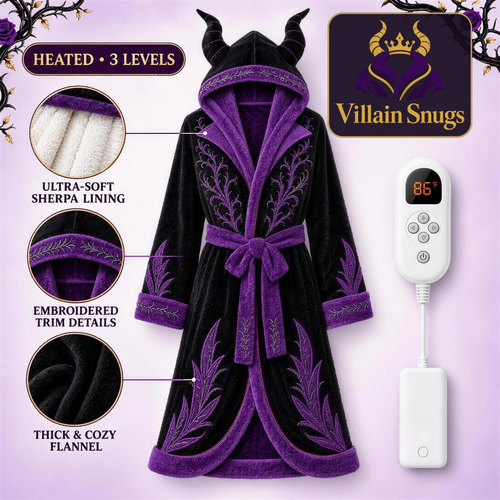 Villain Snugs™ Heated Robe in Midnight Horns – black flannel with purple sherpa lining, horned hood, and 3-level heat controller