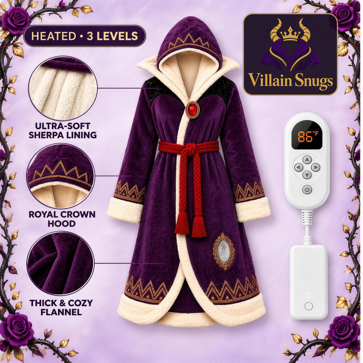 Villain Snugs™ Heated Robe in Royal Plum – purple flannel with cream sherpa lining, crown hood, and 3-level heat controller