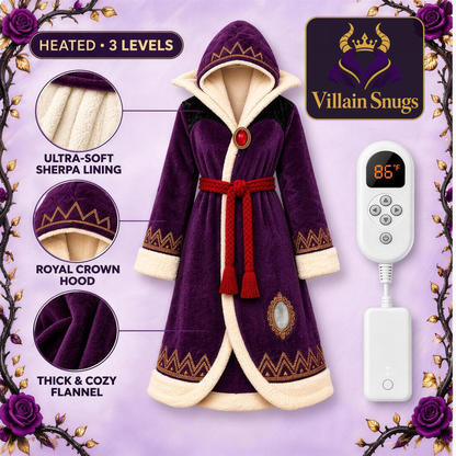 Villain Snugs™ Heated Robe in Royal Plum – purple flannel with cream sherpa lining, crown hood, and 3-level heat controller