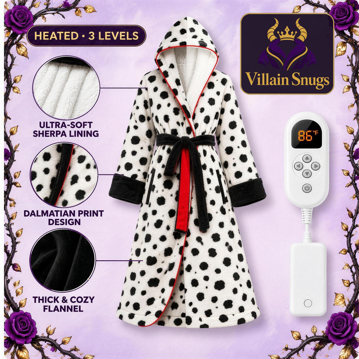 Villain Snugs™ Heated Robe in Black & White Diva – dalmatian print flannel with red trim, sherpa lining, and 3-level heat controller