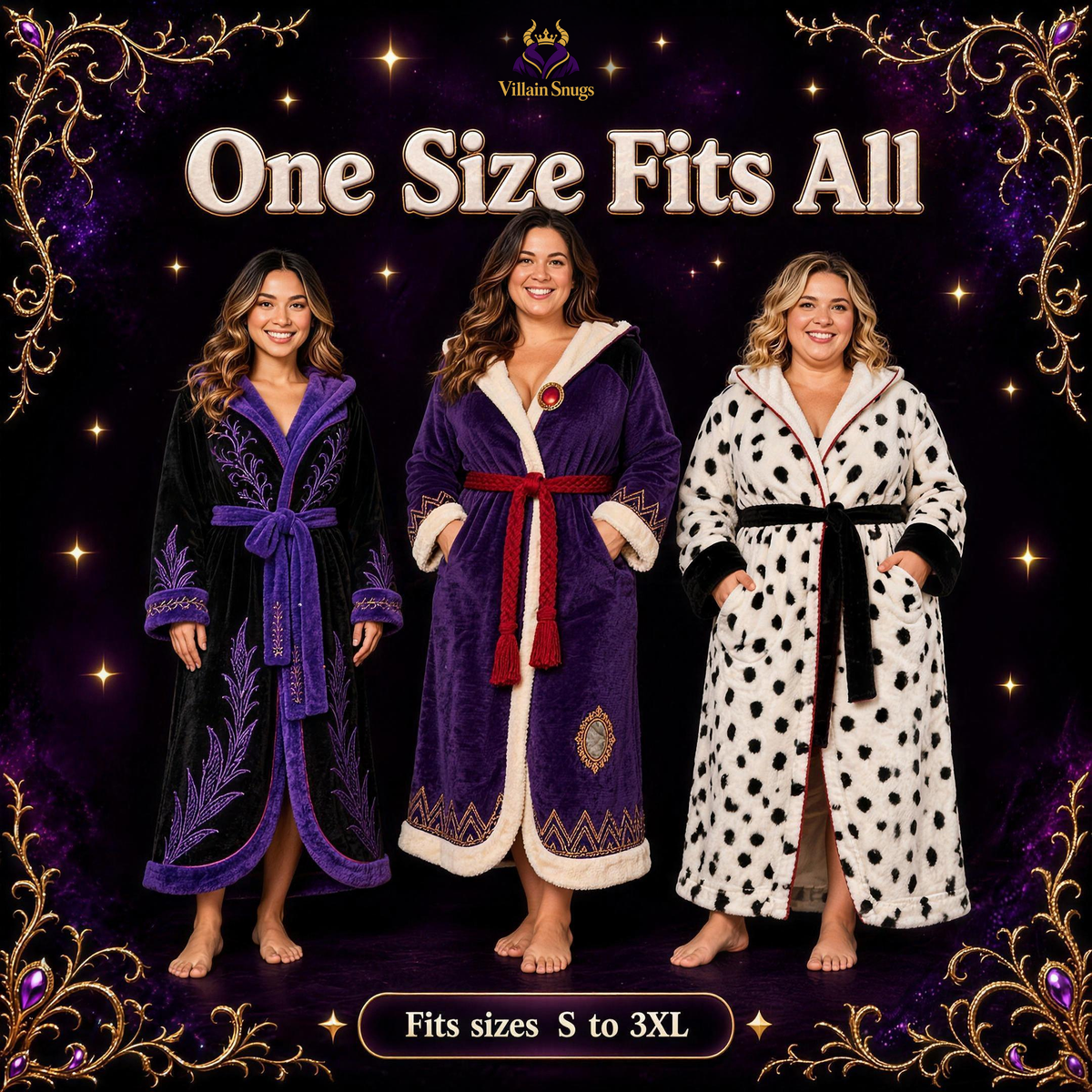 One size fits all – Villain Snugs™ Heated Robe fits sizes S to 3XL in Midnight Horns, Royal Plum, and Black & White Diva