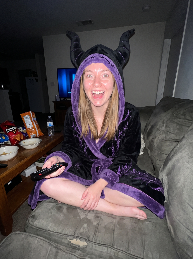 Customer wearing the Villain Snugs heated robe