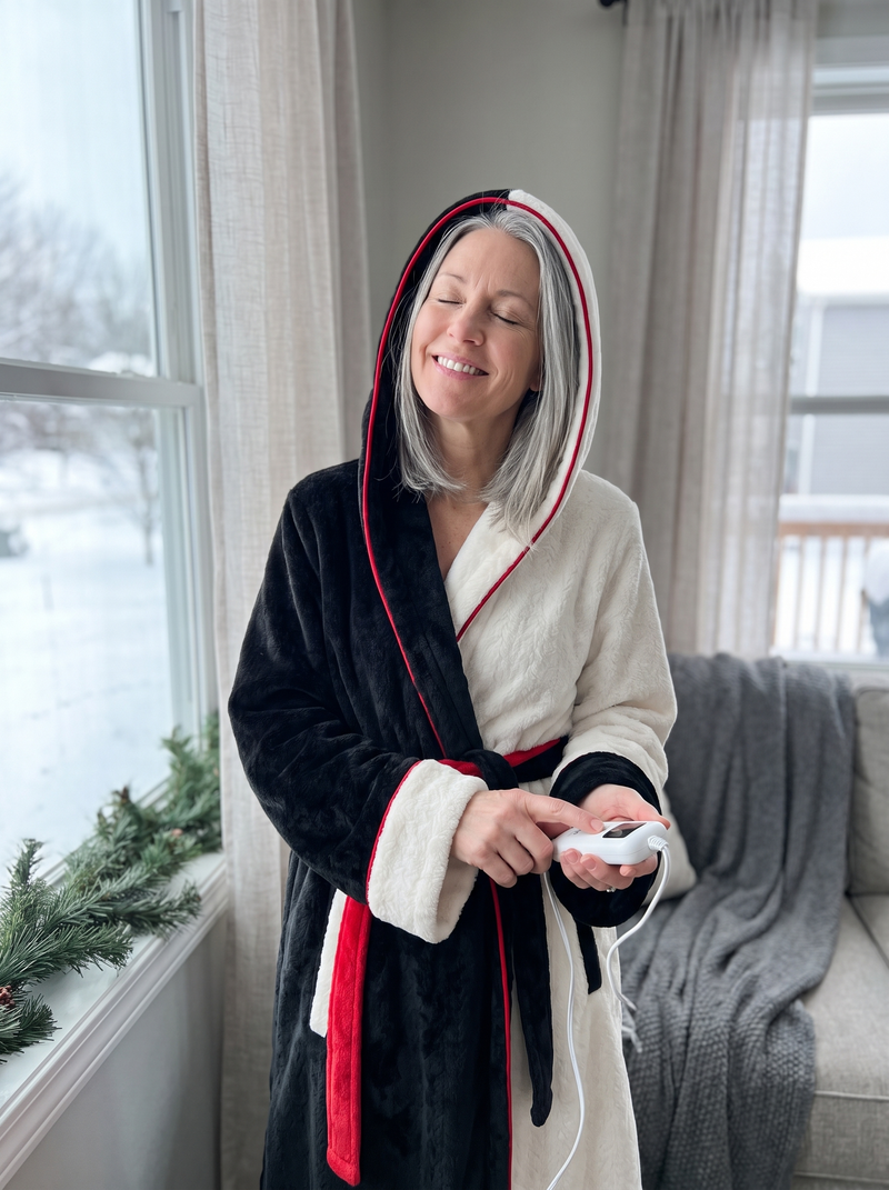Customer wearing the Villain Snugs heated robe